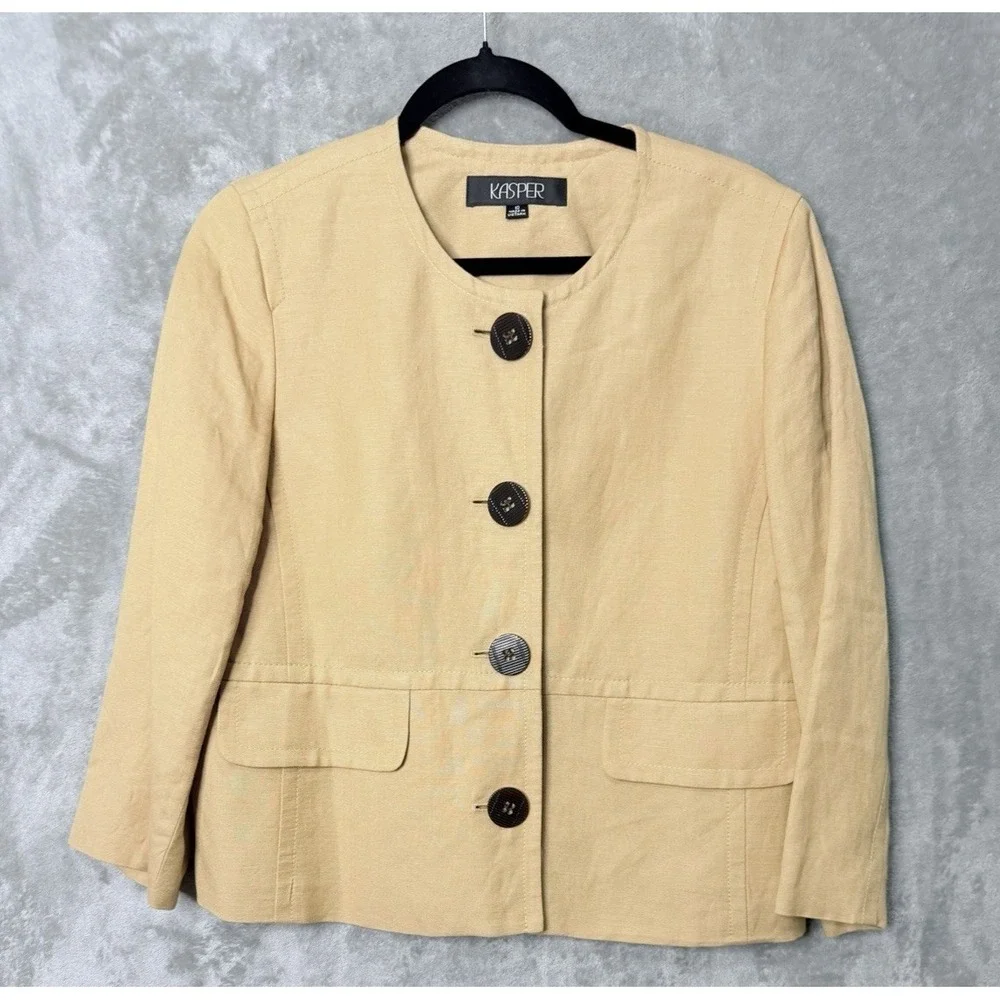 Kasper Blazer SZ 10 Tan Gold Linen Blend Classic‎ Minimalist Capsule Office